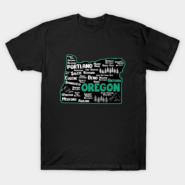 Cute map of Ontario Oregon, Portland, Salem, Eugene, Springfield, Bend, Medford T-Shirt by BoogieCreates